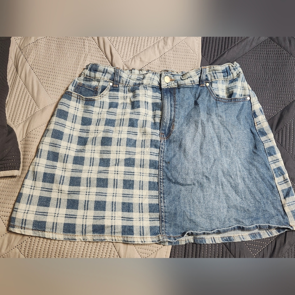 Wonder Nation Blue Plaid and Denim Skirt